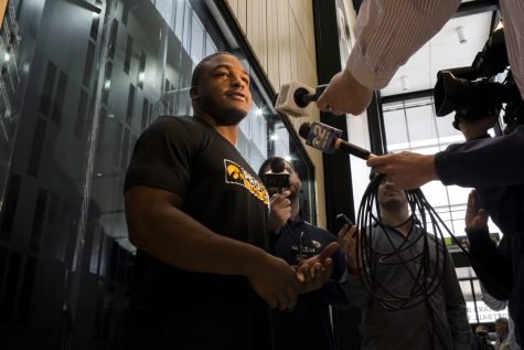 Iowas LeShun Daniels, Jr. speaks with members of the media after Iowas Pro Day in the Stew and LeNore Hansen Iowa Football Performance Center on Monday, March 27, 2017. Members of the Iowa football team who are eligible for the NFL draft were allowed to participate in Pro Day.