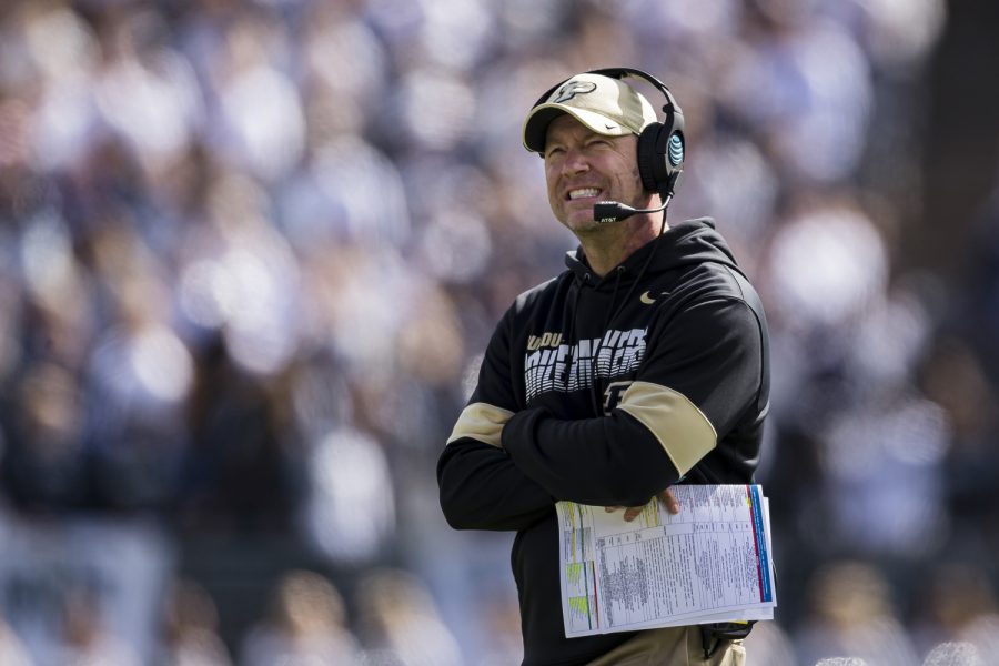 Purdue+head+coach+Jeff+Brohm+looks+on+during+a+game+against+Penn+State+at+Beaver+Stadium+in+State+College%2C+Pennsylvania%2C+on+October+5%2C+2019.