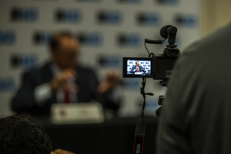 Members of the media record Indiana head coach, Tom Allen, during the Big Ten Football Media Day in Chicago, Ill., on Thursday, July 18, 2019.
