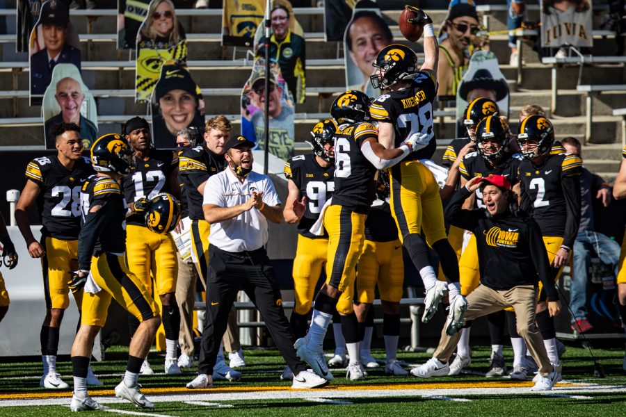 Iowas+Jack+Koerner+celebrates+an+interception+during+a+football+game+between+Iowa+and+Michigan+State+in+Kinnick+Stadium+on+Saturday%2C+Nov.+7%2C+2020.+The+Hawkeyes+dominated+the+Spartans%2C+49-7.+Iowa+forced+3+MSU+interceptions.