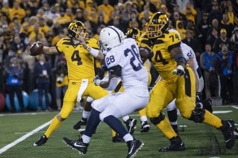 Iowa QB Nate Stanley throws a pass during the Iowa football vs. Penn State game in Kinnick Stadium on Saturday, Oct. 12, 2019. The Nittany Lions defeated the Hawkeyes 17-12. 
