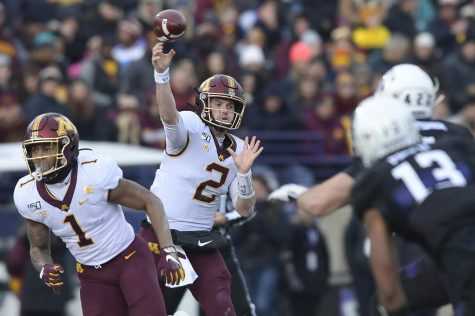 Minnesota Gophers quarterback Tanner Morgan (2) threw the ball in the second quarter. The Minnesota Gophers played the Northwestern Wildcats on Saturday, Nov. 23, 2019 at Ryan Field in Evanston, Ill.
