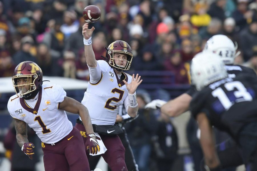 Minnesota+Gophers+quarterback+Tanner+Morgan+%282%29+threw+the+ball+in+the+second+quarter.+The+Minnesota+Gophers+played+the+Northwestern+Wildcats+on+Saturday%2C+Nov.+23%2C+2019+at+Ryan+Field+in+Evanston%2C+Ill.
