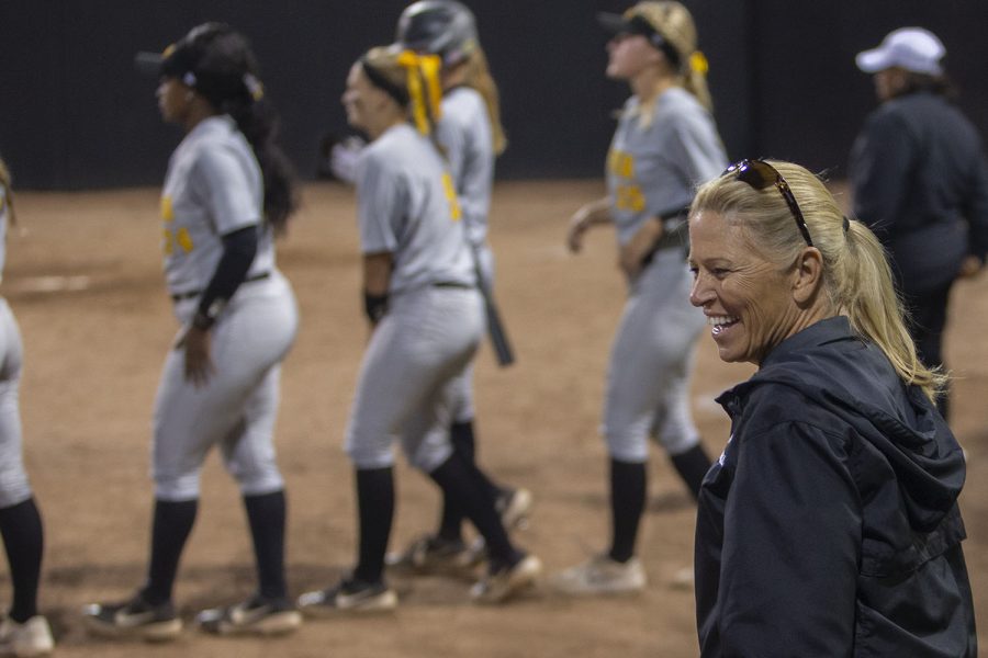 Iowa+Head+Coach+Renee+Gillespie+walks+to+join+the+team+during+an+Iowa+softball+game+against+Iowa+Central+at+Pearl+Field+on+Friday%2C+October+4%2C+2019.+The+Hawkeyes+defeated+the+Tritons+4-0+in+10+innings.