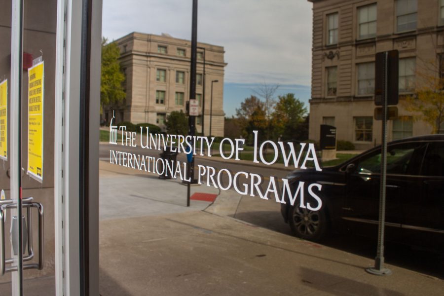 University+of+Iowa+International+Programs+building+decal+as+seen+on+Wednesday%2C+Oct.+28.+