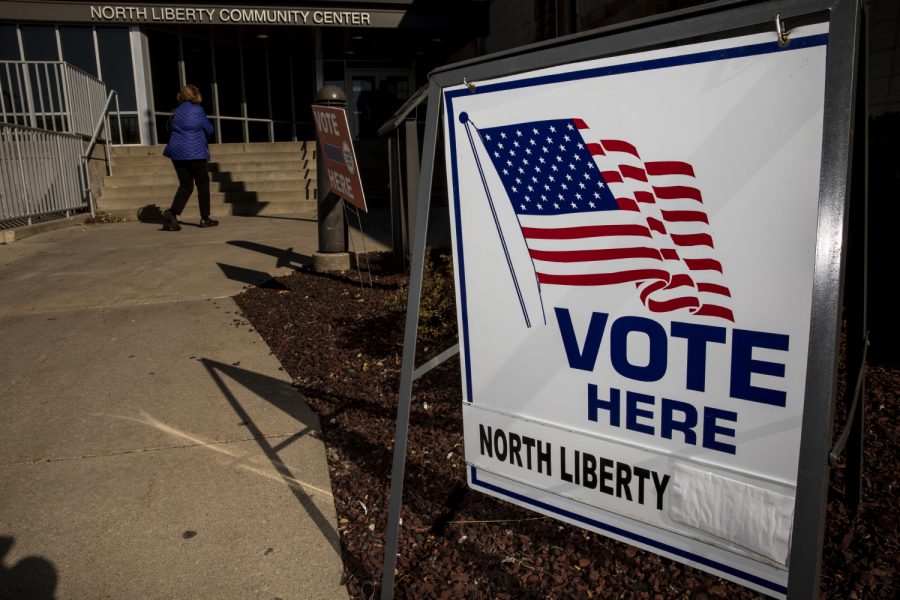 A sign marking a polling location is seen outside the North Liberty Community Center in North Liberty on Tuesday, November 3, 2020. In 2016, Johnson County was one of six Iowa counties to vote for a democratic presidential candidate, according to the New York Times. 