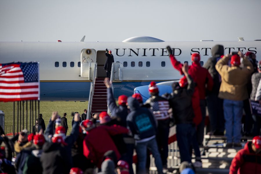 President Donald Trump waves to supporters from the steps leading up to Air Force One during a “Make America Great Again” rally held at the Dubuque Regional Airport on Sunday, November 1, 2020. With two days before Election Day, this is President Trump’s second stop to Iowa in the past few weeks. 
