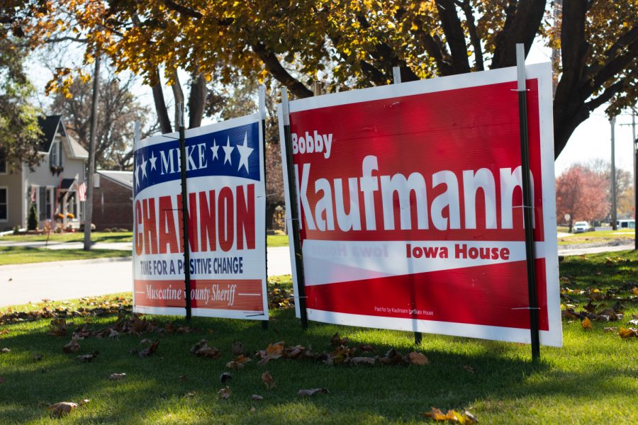 Campaign signs for Bobby Kaufmann and Mike Channon are seen in a lawn on Election Day in Wilton, IA. Wilton, home to Iowa Rep. Bobby Kaufman, welcomes voters to vote on Tuesday for the 2020 General Elections. 