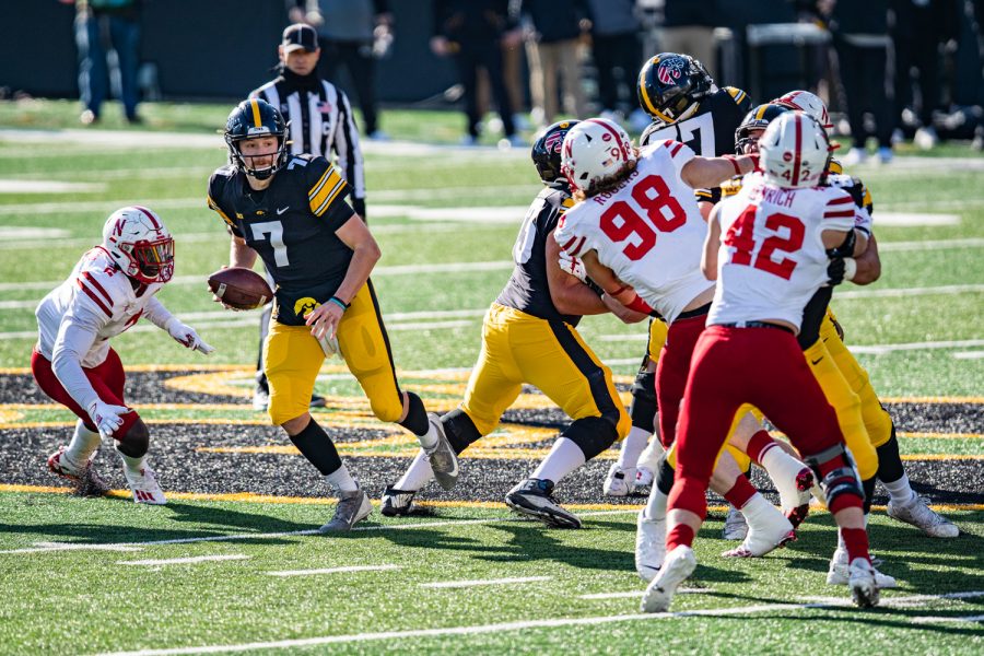 Iowa quarterback Spencer Petras looks to pass during a football game between Iowa and Nebraska at Kinnick Stadium on Friday, Nov. 27, 2020. The Hawkeyes defeated the Cornhuskers, 26-20. 