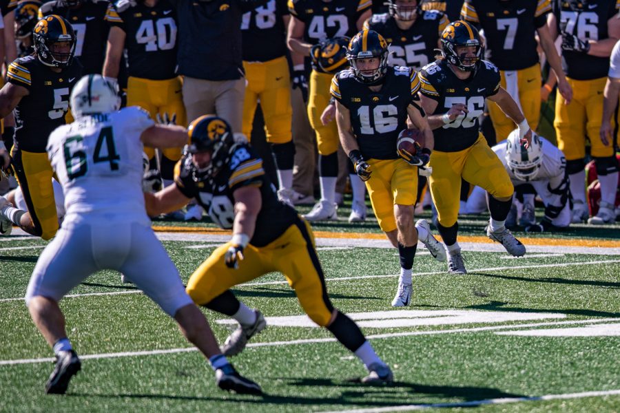 Iowa wideout Charlie Jones returns a punt during a football game between Iowa and Michigan State in Kinnick Stadium on Saturday, Nov. 7, 2020. The Hawkeyes dominated the Spartans, 49-7. 