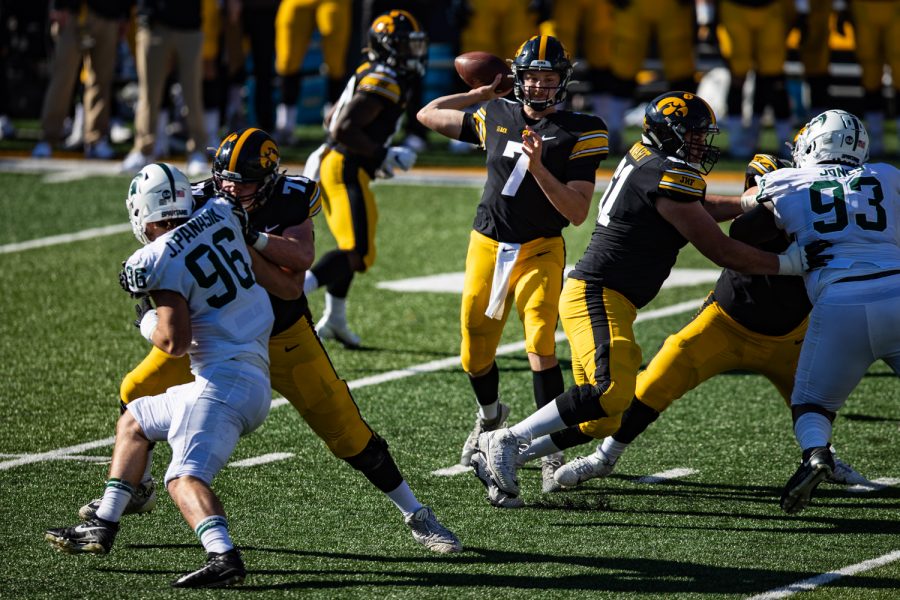 Iowa quarterback Spencer Petras attempts a pass during a football game between Iowa and Michigan State in Kinnick Stadium on Saturday, Nov. 7, 2020. The Hawkeyes dominated the Spartans, 49-7. 