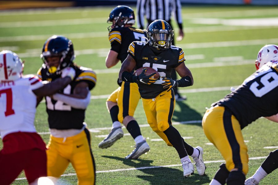 Iowa running back Tyler Goodson carries the ball during a football game between Iowa and Nebraska at Kinnick Stadium on Friday, Nov. 27, 2020. The Hawkeyes defeated the Cornhuskers, 26-20. 