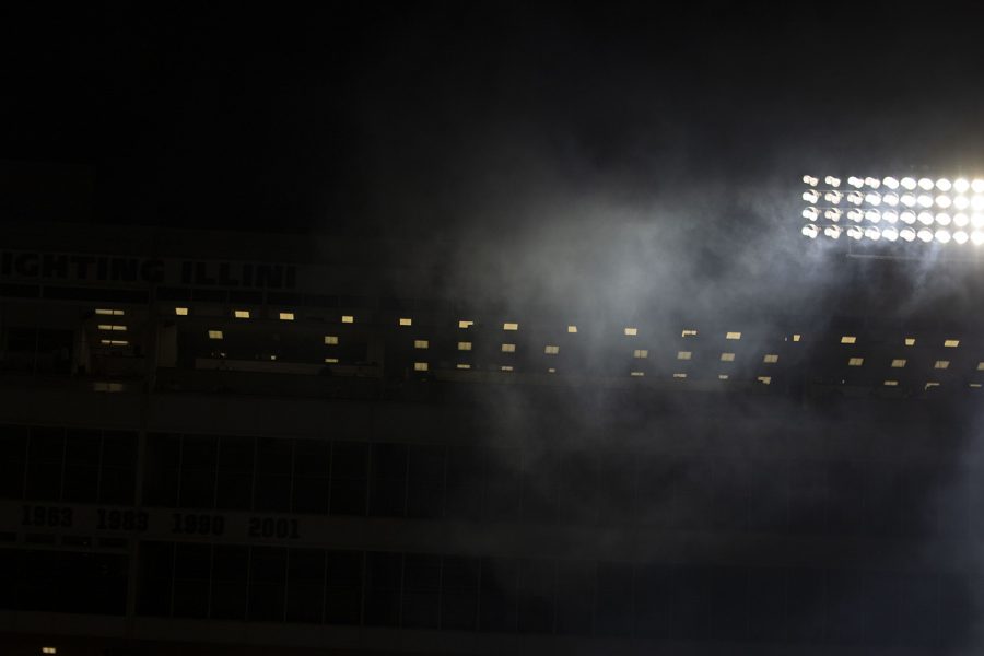 Smoke from fireworks are seen after the last Illinois touchdown during the Iowa v. Illinois football game in Memorial Stadium on Saturday, Dec. 5, 2020. Iowa defeated Illinois with a score of 35-21.