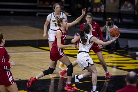 Iowa Guard Caitlin Clark goes in for a layup during a women’s basketball game between Iowa and Wisconsin at Carver Hawkeye Arena on Saturday, December 5, 2020. The Hawkeyes defeated the Badgers 85-78. 