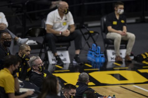 Head Coach Fran McCaffery sits on the sidelines during the Iowa v. Western Illinois basketball game in Carver-Hawkeye Arena on Thursday, Dec. 3, 2020. Iowa defeated Western Illinois with a final score of 99-58.