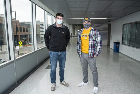 University of Iowa senior engineering students, Jake Robinson and Logan O’Brien pose for a portrait in the Seamans Center in downtown Iowa City on Wednesday, November 17th, 2020. Due to complication with COVID-19, they current class of graduating seniors will not have an in-person presentation at the end of the semester to showcase their capstone project, which is an important networking event for graduating seniors. 