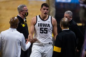 Iowa forward Luka Garza returns to the bench during a menÕs basketball game between Iowa and Iowa State at Carver-Hawkeye Arena on Friday, Dec. 11, 2020. Garza finished with a game-high 34 points.