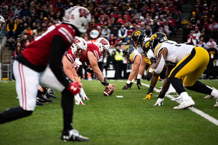 Iowa+and+Wisconsin+line+up+before+a+play+during+a+football+game+between+Iowa+and+Wisconsin+at+Camp+Randall+Stadium+in+Madison+on+Saturday%2C+November+9%2C+2019.