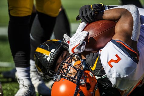 Illinois running back Reggie Corbin catches a pass during the football game against Illinois on Saturday, November 23, 2019. The Hawkeyes defeated the Fighting Illini 19-10. Corbin rushed 38 yards throughout the game.