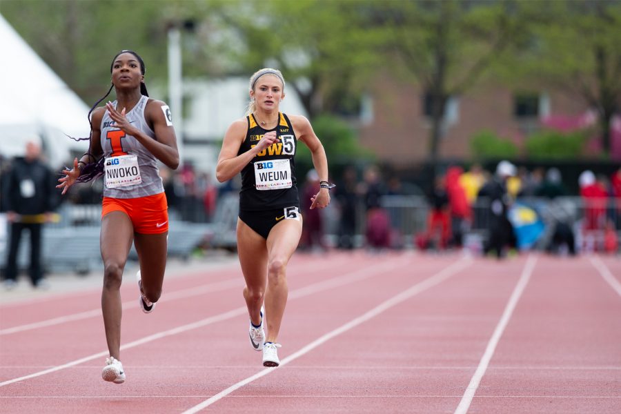 University of Iowa Sophomore, Aly Weum, competes in the 400 meter dash preliminaries during the second day of the Big Ten Track and Field Outdoor Championships at Cretzmeyer Track on Saturday, May, 2019. Weum placed tenth in the 400 meter dash preliminaries. 