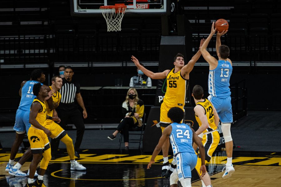 Iowa forward Luka Garza defends during a men’s basketball game between Iowa and North Carolina at Carver-Hawkeye Arena on Tuesday, Dec. 8, 2020. (Shivansh Ahuja/The Daily Iowan)