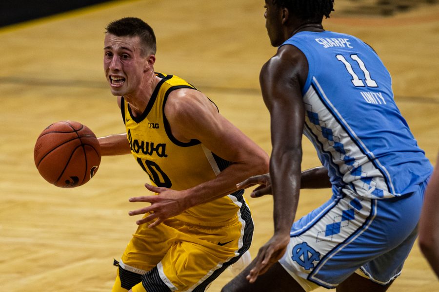 Iowa guard Joe Wieskamp drives to the rim during a men’s basketball game between Iowa and North Carolina at Carver-Hawkeye Arena on Tuesday, Dec. 8, 2020. The Hawkeyes defeated the Tar Heels, 93-80. 