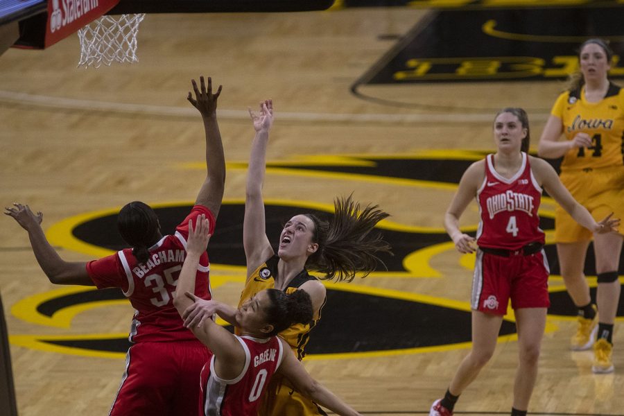 Iowa guard Caitlin Clark attempts to shoot a basket during a womens basketball game against Ohio State on Wednesday, Jan. 13, 2021 at Carver Hawkeye Arena. The Hawkeyes were defeated by the Buckeyes in overtime, 82-84.