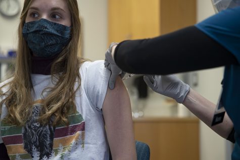 UI nursing student Macy Griebel receives the Moderna vaccine for COVID-19 on Friday, Jan. 29, 2021 at the UI Medical Education Research Facility.