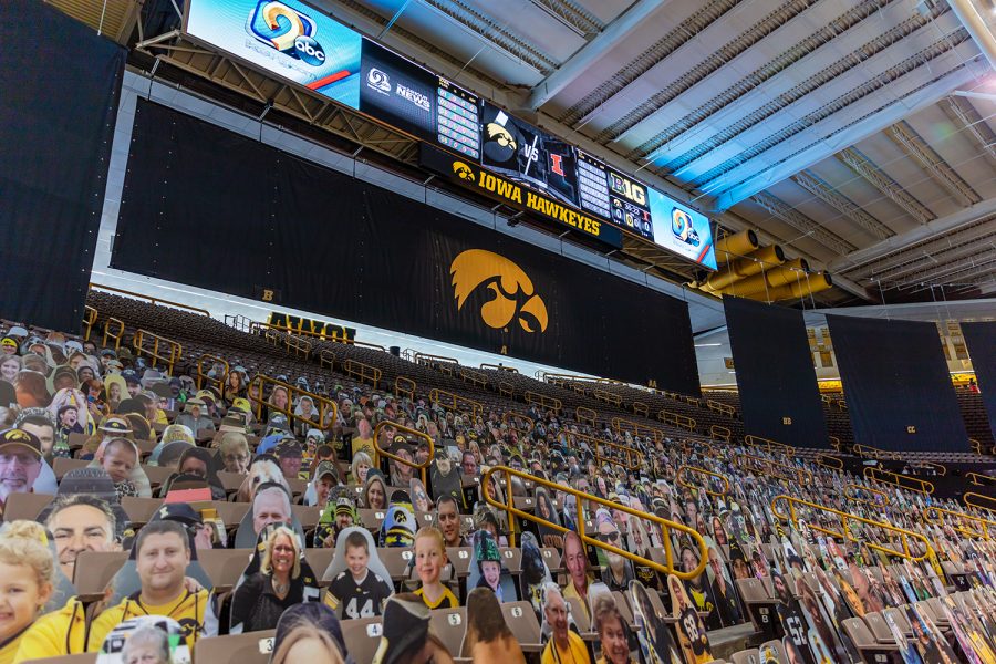 Fan+cutouts+placed+in+Carver-Hawkeye+Arena+due+to+Covid-19+seen+before+the+Iowa+Volleyball+season+opener+game+against+Illinois+on+Jan.+22%2C+2021+at+Carver-Hawkeye+Arena.+Illinois+defeated+Iowa+3-1.+