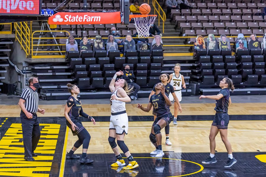 Iowa+Forward%2FCenter+Monika+Czinano+watches+after+going+in+for+a+layup+during+the+Iowa+Women%E2%80%99s+Basketball+game+against+Northwestern+on+Jan.+28%2C+2021+at+Carver-Hawkeye+Arena.+Northwestern+defeated+Iowa+87-80