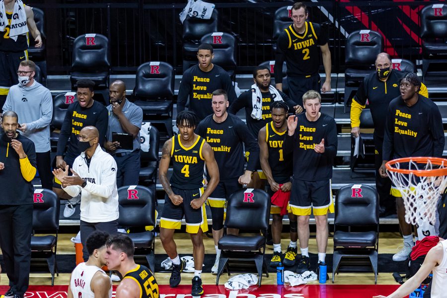 The+Iowa+Hawkeyes+celebrate+the+foul+performed+by+Rutgers+that+sent+Luka+Garza+to+the+free+throw+line+during+the+Iowa+vs.+Rutgers+Men%E2%80%99s+Basketball+game+on+Jan.+2%2C+2021.+The+Iowa+Hawkeyes+defeated+the+Rutgers+Scarlet+Knights+77-75.+