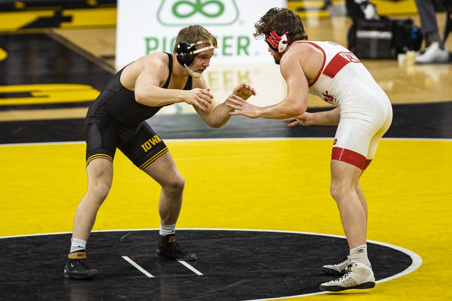 Iowa%C3%95s+184-pound+Nelson+Brands+grapples+with+Nebraska%C3%95s+Taylor+Venz+during+a+wrestling+dual+meet+between+No.+1+Iowa+and+No.+6+Nebraska+at+Carver+Hawkeye+Arena+on+Friday%2C+Jan.+15%2C+2021.