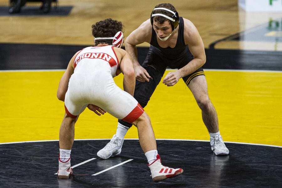 Iowa%C3%95s+125-pound+Spencer+Lee+grapples+with+Nebraska%C3%95s+Liam+Cronin+during+a+wrestling+dual+meet+between+No.+1+Iowa+and+No.+6+Nebraska+at+Carver+Hawkeye+Arena+on+Friday%2C+Jan.+15%2C+2021.