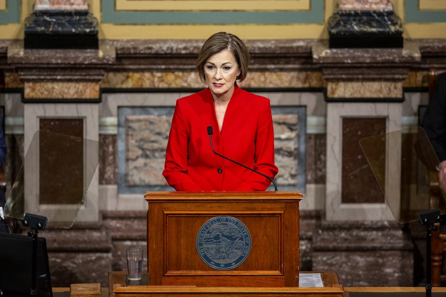 Gov.+Kim+Reynolds+delivers+the+condition+of+the+state+address+to+a+joint+session+of+the+Iowa+House+and+Senate.+