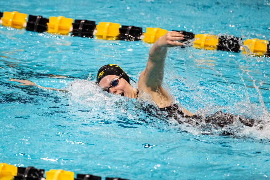 Iowas Alyssa Graves competes in the womens 1000m freestyle during a swim meet at the Campus Recreation and Wellness Center on Saturday, Jan. 16, 2021. The womens team hosted Nebraska while the mens team had an intrasquad scrimmage. 