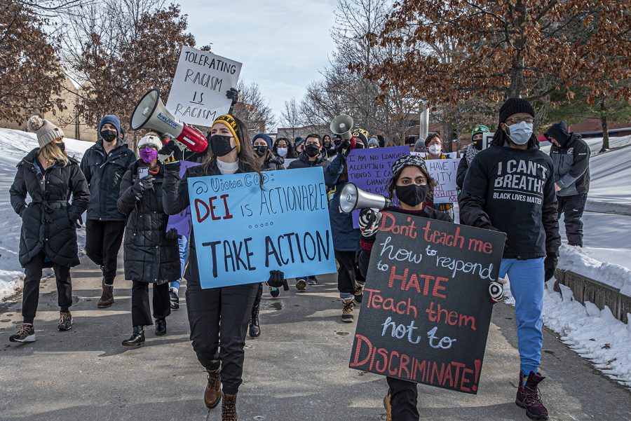 University students from the dental college marched to the College of Dentistry to protest unaddressed issues regarding the treatment of minority students on Friday, Jan. 29, 2021. (Tate Hildyard/ The Daily Iowan)