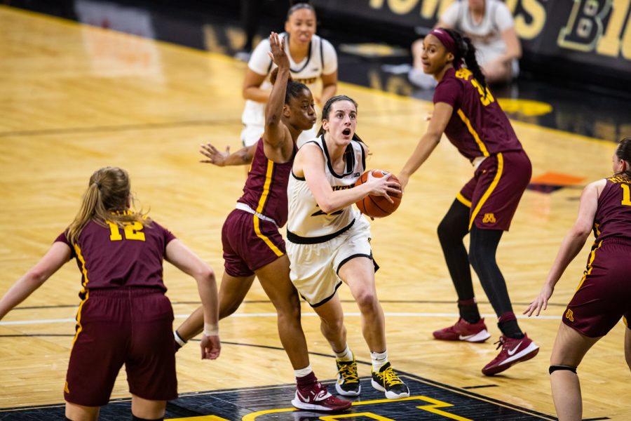 Iowa+guard+Caitlin+Clark+drives+to+the+rim+during+a+womens+basketball+game+between+Iowa+and+Minnesota+on+Wednesday.