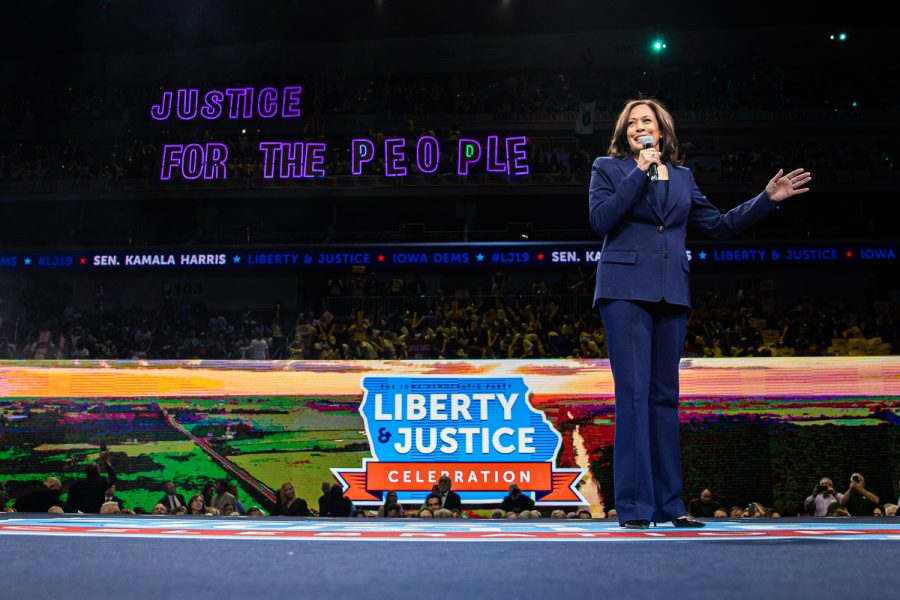 Sen. Kamala Harris, D-Calif., speaks during the 2019 Liberty and Justice Celebration at the Wells Fargo Arena in Des Moines on Friday, November 1, 2019.