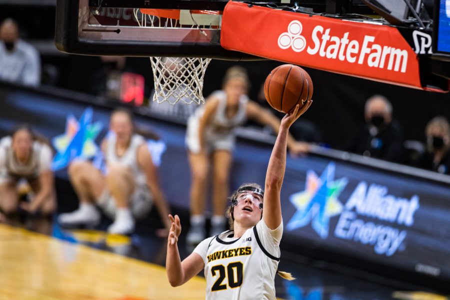 Iowa guard Kate Martin lays the ball up during a women's basketball game between Iowa and Minnesota at Carver-Hawkeye Arena on Wednesday, Jan. 6, 2021. The Hawkeyes defeated the Golden Gophers, 92-79.