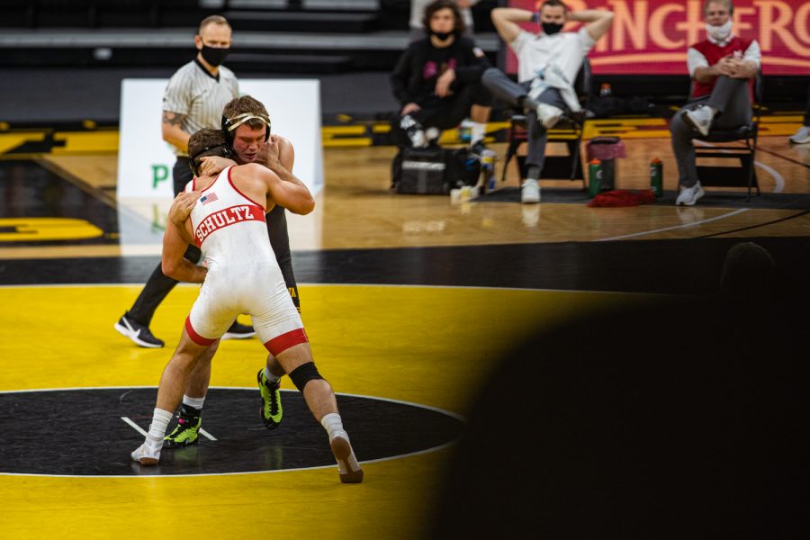 Iowa%E2%80%99s+197-pound+Jacob+Warner+grapples+with+Nebraska%E2%80%99s+Eric+Shultz+during+a+wrestling+dual+meet+between+No.+1+Iowa+and+No.+6+Nebraska+at+Carver+Hawkeye+Arena+on+Friday%2C+Jan.+15%2C+2021.+No.+2+Shultz+defeated+No.+4+Warner+by+decision%2C+3-2%2C+and+the+Hawkeyes+defeated+the+Cornhuskers%2C+31-6.