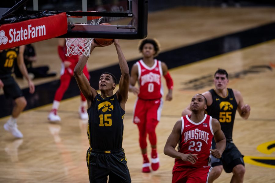 Iowa Forward Keegan Murray (15)  is seen moments before dunking the ball during a men’s basketball game between the Iowa Hawkeyes and the Ohio State Buckeyes at Carver-Hawkeye Arena on Thursday, Feb. 4, 2021. The Buckeyes defeated the Hawkeyes in a close game, 89-85.
