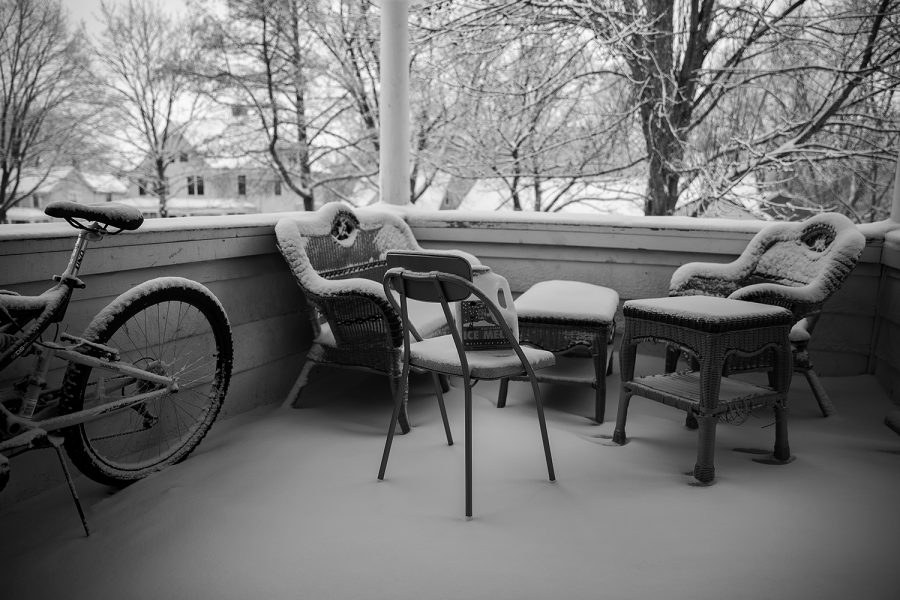 A snow-covered porch is seen on Thursday, Feb. 4, 2021. 