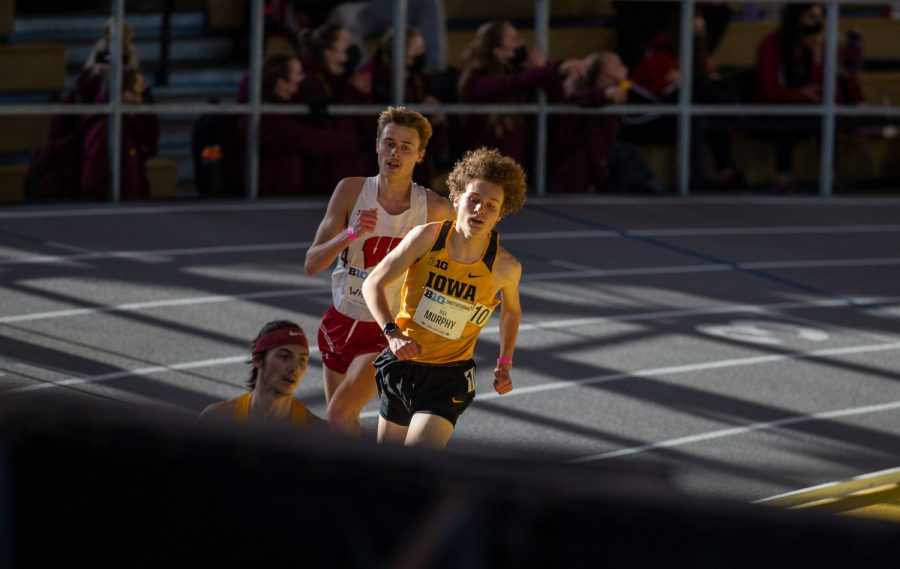 Iowa’s freshman Max Murphy set a personal best and etched himself third in Iowa history with a time of 7:59.296. Murphy finished 4th overall during the Hawkeye B1G Invitational track meet at the University of Iowa Recreation Building on Saturday, Feb. 13 , 2021.