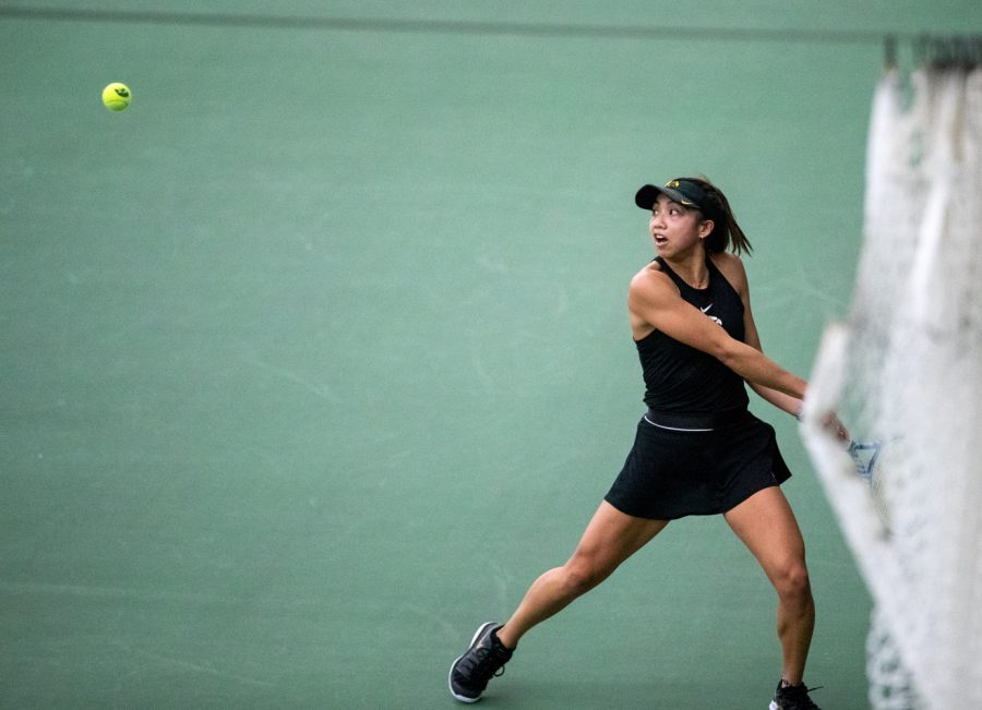 Iowa’s Michelle Bacalla watches the ball come to her during a women's tennis meet at the Hawkeye Tennis and Recreation Complex on Thursday, Feb. 26, 2021. The Hawkeyes defeated the Hoosiers with a score of 4-3.
