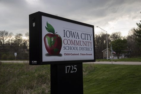 A sign for the Iowa City Community School District is seen outside the districts administration building on Tuesday, April 28. (Jake Maish/The Daily Iowan)