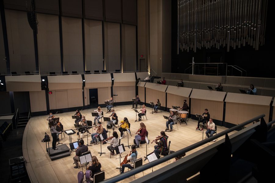 The University Orchestra, conducted by Megan Maddaleno, rehearses in the Voxman music building on Feb. 15, 2021. 