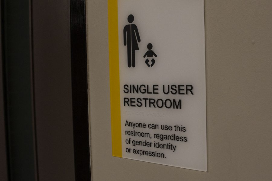 A single user bathroom is seen in the Main Library on Monday, Feb. 22, 2021. A full list of all single user bathrooms at the University of Iowa can be found online. 
