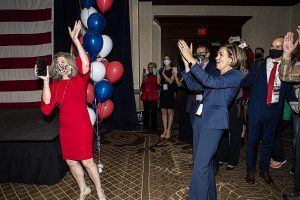 Gov. Kim Reynolds introduces U.S. Sen. Joni Ernst R-IA at the republican watch party at the Des Moins Marriott Downtown on Tuesday, November 3rd, 2020 . Republicans from across the state have gathered to watch the results of the 2020 General Election.
