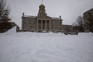 The Old Capitol from behind a snow fort wall, on Wednesday, Jan 6, 2021.