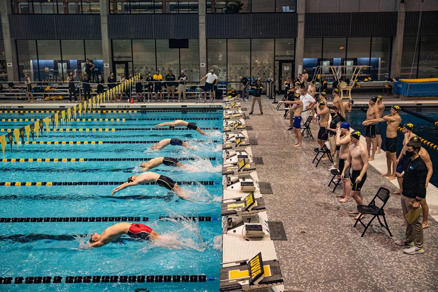 The mens medley relay is underway during a swim meet at the Campus Recreation and Wellness Center on Saturday, Jan. 16, 2021. The womens team hosted Nebraska while the mens team had an intrasquad scrimmage. 